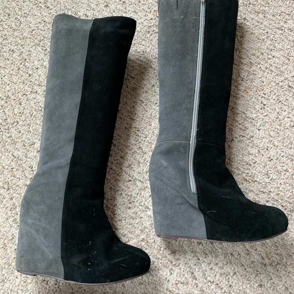 Suede color block knee high platform wedge boots